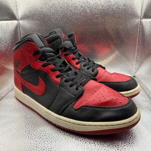 Size 13 Air Jordan 1 Mid Banned Black University Red Mens Sneakers 554724-074